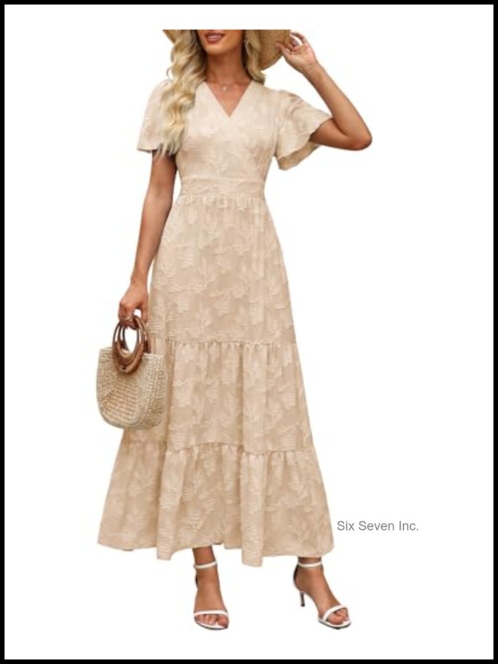 Boho Floral Maxi Dress Wrap V Neck Flutter Sleeve Tiered A Line Summer Wedding